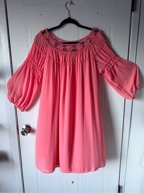 HeartSoul Coral Pink  Lace Yoke Long Sleeve Dress